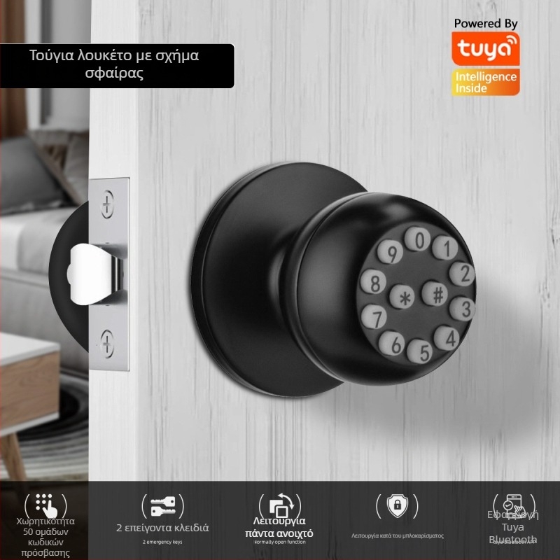 Έξυπνο σφαιρικό κλείδωμα πόρτας με τρεις ράβδους για εσωτερικές ξύλινες πόρτες, αποθήκευση δακτυλικών αποτυπωμάτων 50, τροφοδοσία DC, εξ αποστάσεως ξεκλείδωμα