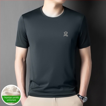 Ανδρικό T-shirt από Ice Silk με Mulberry μετάξι 71–80%, στενή γραμμή, στρογγυλός λαιμός, κοντά μανίκια, γεωμετρική εκτύπωση, Καλοκαίρι 2025