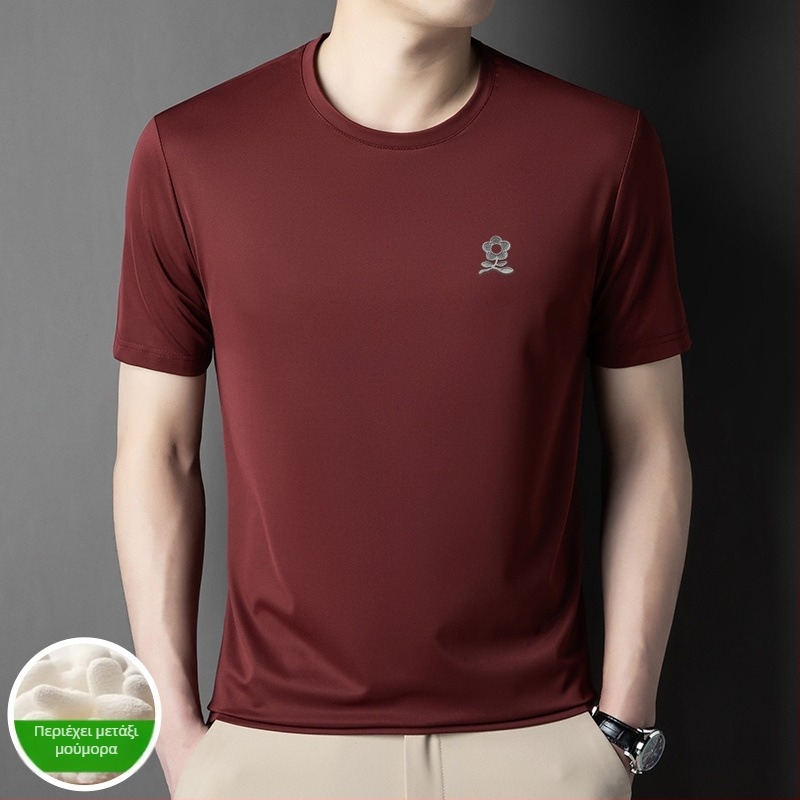 Ανδρικό T-shirt από Ice Silk με Mulberry μετάξι 71–80%, στενή γραμμή, στρογγυλός λαιμός, κοντά μανίκια, γεωμετρική εκτύπωση, Καλοκαίρι 2025