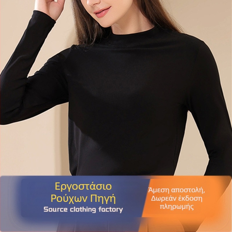 Γυναικεία φλίς πολυεστερική μακρυμάνικη μπλούζα T‑shirt με ημιύψωτο λαιμό, βασικό στρώμα, στενή γραμμή