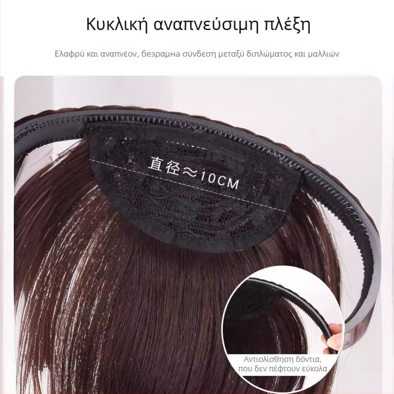 Περούκα με διπλό πλέγμα headband και φράντζες — θερμοανθεκτικές ίνες, κατασκευή με μηχανισμό, κατάλληλη για γυναίκες, οι φράντζες ευθυγραμμίζονται ή κλίνουν, χωρίς περμανάντ ή βαφή