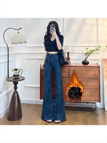 Τζιν με patchwork, ψηλή μέση, φαρδιά γραμμή, 70–80% βαμβάκι