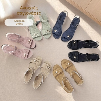 Γυναικείες σάνδαλες με μία λουρίδα, μεταλλικό κούμπωμα, ανοιχτό δάχτυλο, PU πάνω, καουτσούκ σόλα, Velcro κλείσιμο, casual καλοκαιρινά υποδήματα