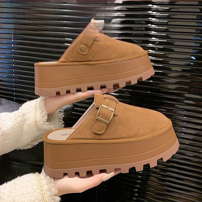 Γυναικείες slip-on σανδάλια με παχύ πάτο, επάνω μέρος από δύο στρώσεις δέρμα αγελάδας, εσωτερική επένδυση από μικροΐνες, στρογγυλή μύτη, καθημερινό στυλ, φθινοπωρινή κυκλοφορία 2024