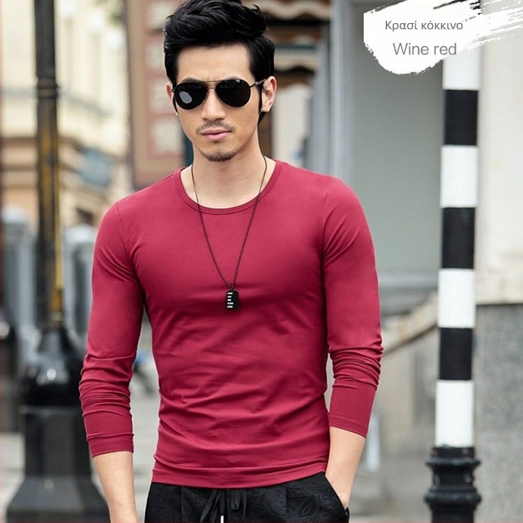 Ανδρική T-shirt με μακριά μανίκια, slim-fit, casual ύφος, πολυεστερική ίνα, μονόχρωμη