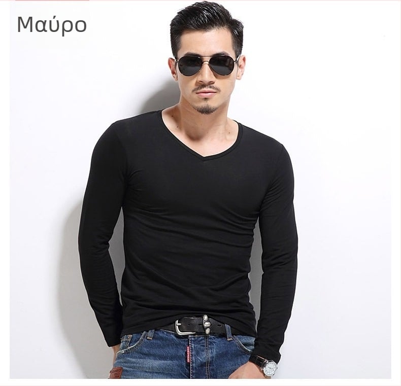Ανδρική T-shirt με μακριά μανίκια, slim-fit, casual ύφος, πολυεστερική ίνα, μονόχρωμη