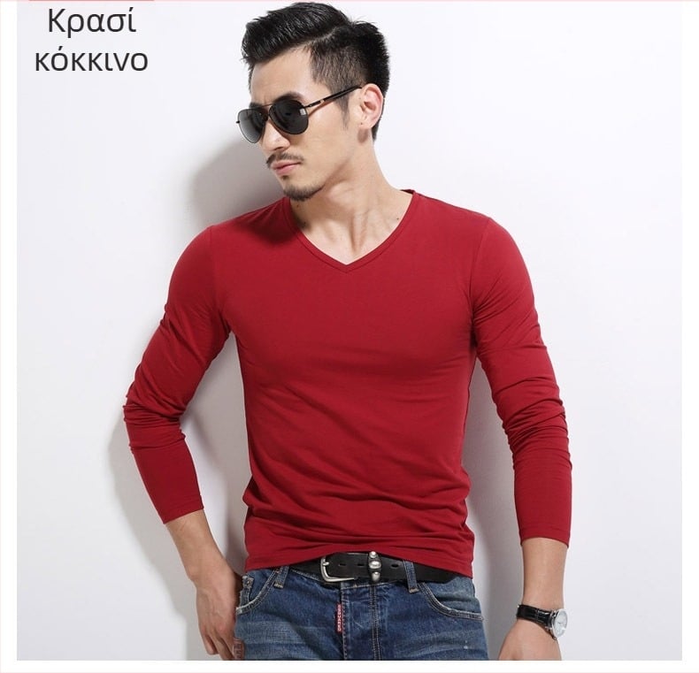 Ανδρική T-shirt με μακριά μανίκια, slim-fit, casual ύφος, πολυεστερική ίνα, μονόχρωμη