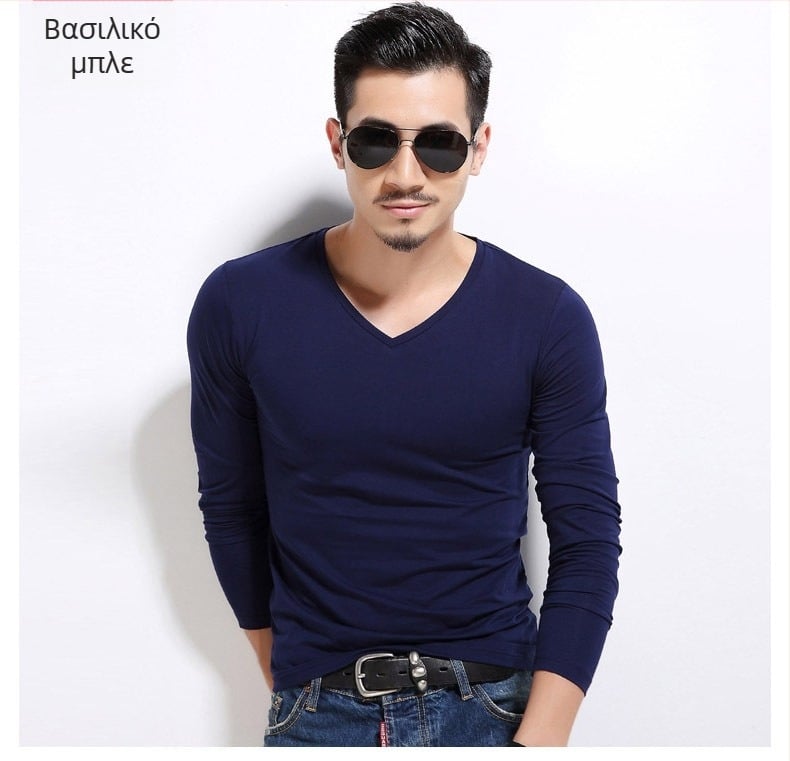 Ανδρική T-shirt με μακριά μανίκια, slim-fit, casual ύφος, πολυεστερική ίνα, μονόχρωμη
