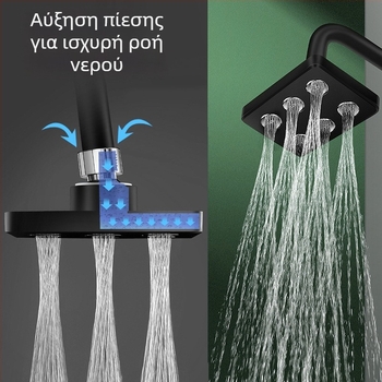 ABS κεφαλή ντους με άνω ψεκασμό και ροή καταρράκτη, λειτουργίες: ψεκασμός, φυσαλίδες και βροχή, εγκατάσταση με βίδες