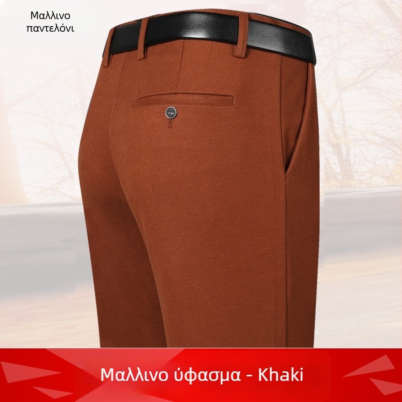 Ανδρικοί παντελόνες φθινοπωρινά-χειμωνιάτικοι, χοντρό ύφασμα, casual, με ζώνη, υψηλή μέση, ίσια γραμμή, επενδεδυμένες φλίς, μαλλί-νάιλον