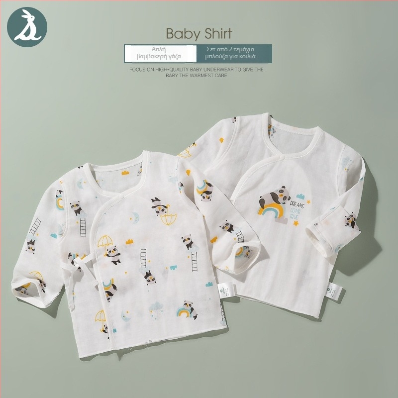 Νεογέννητο τοπ με μακριά μανίκια από γάζα βαμβακερή, 100% βαμβάκι, μαλακτωμένο ύφασμα, στρογγυλή λαιμόκοψη, καλοκαίρι