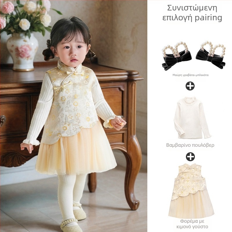 Φόρεμα κοριτσιών σε κινεζικό στιλ χωρίς μανίκια, σατέν ύφασμα, Α-γραμμή φούστα, μοτίβο με γράμματα και πουά, επένδυση 100% βαμβάκι