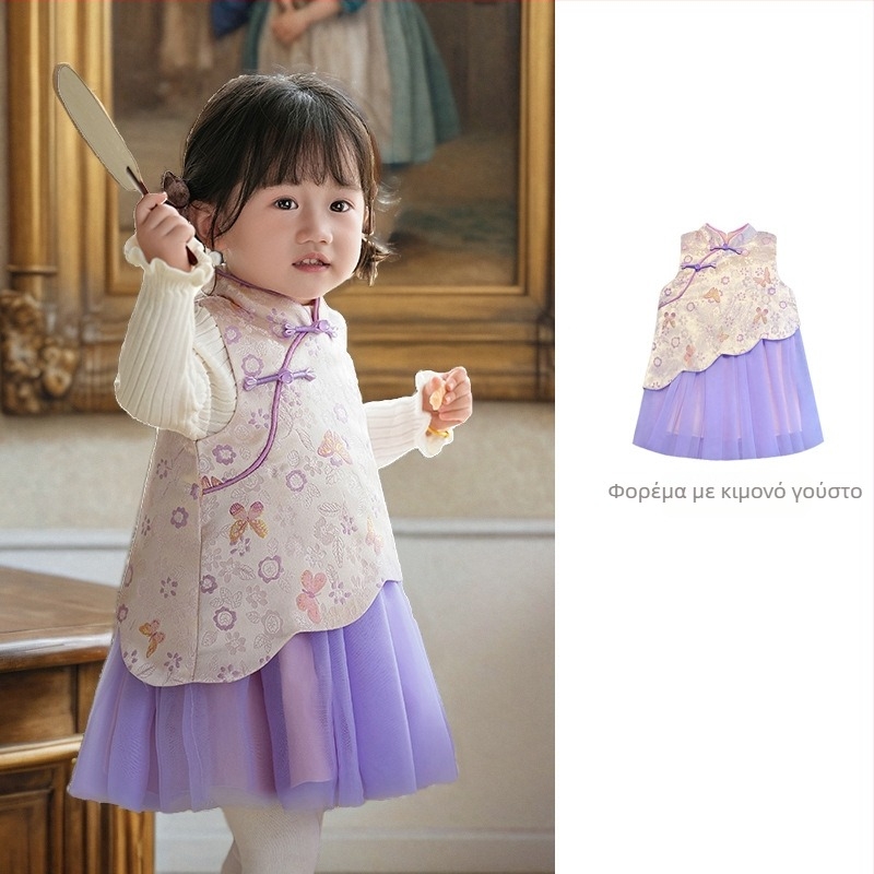 Φόρεμα κοριτσιών σε κινεζικό στιλ χωρίς μανίκια, σατέν ύφασμα, Α-γραμμή φούστα, μοτίβο με γράμματα και πουά, επένδυση 100% βαμβάκι