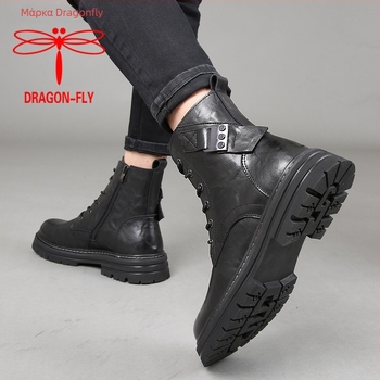 Dragonfly ανδρικά δερμάτινα μποτάκια σε βρετανικό στυλ Μάρτιν, χαμηλό γόνατο, επάνω από πρώτο στρώμα βοδινού δέρματος, επένδυση και πάτος από δέρμα χοίρου, σόλα από καουτσούκ vulcanized, λειτουργία αύξησης ύψους