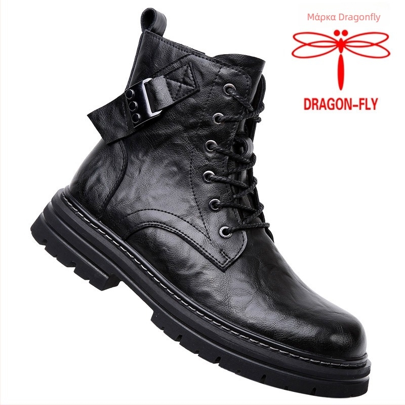 Dragonfly ανδρικά δερμάτινα μποτάκια σε βρετανικό στυλ Μάρτιν, χαμηλό γόνατο, επάνω από πρώτο στρώμα βοδινού δέρματος, επένδυση και πάτος από δέρμα χοίρου, σόλα από καουτσούκ vulcanized, λειτουργία αύξησης ύψους