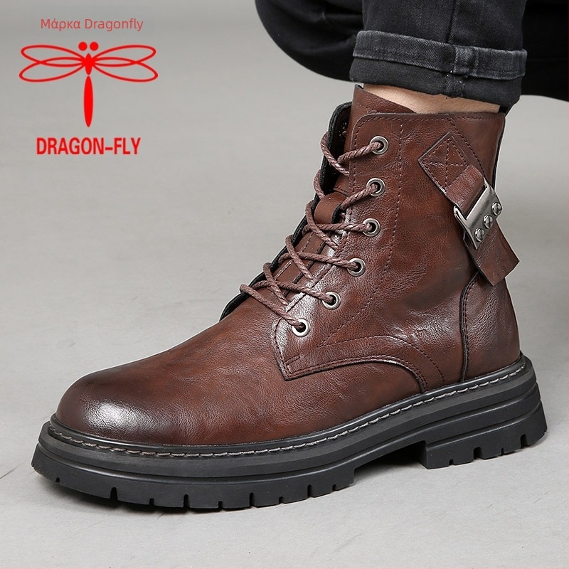 Dragonfly ανδρικά δερμάτινα μποτάκια σε βρετανικό στυλ Μάρτιν, χαμηλό γόνατο, επάνω από πρώτο στρώμα βοδινού δέρματος, επένδυση και πάτος από δέρμα χοίρου, σόλα από καουτσούκ vulcanized, λειτουργία αύξησης ύψους