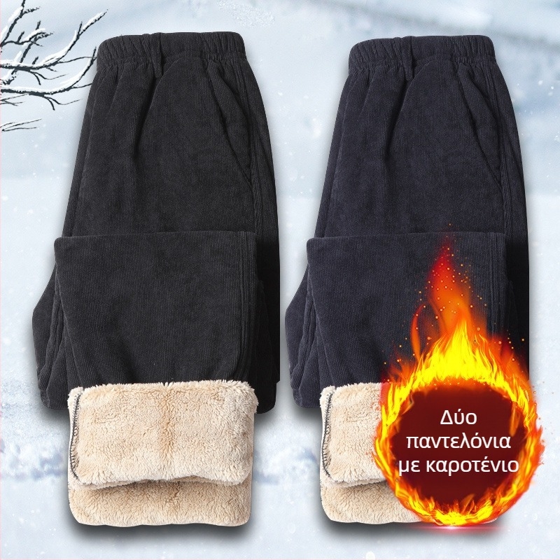 Ανδρικά καθημερινά παντελόνια από καρντούριο με φλις επένδυση, υψηλή μέση, φαρδιά γραμμή, κορδόνι στήριξης