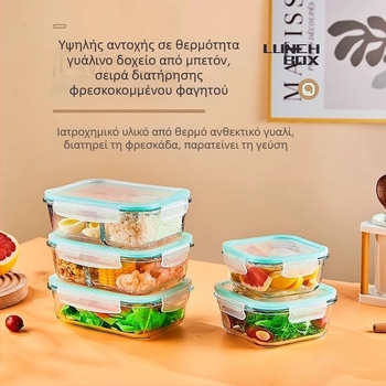 Γυάλινο δοχείο για μεσημεριανό, στρογγυλό σχήμα, υψηλό βορσοσιλυτικό γυαλί, χωρητικότητα 1–2 L, κατάλληλο για φούρνο μικροκυμάτων