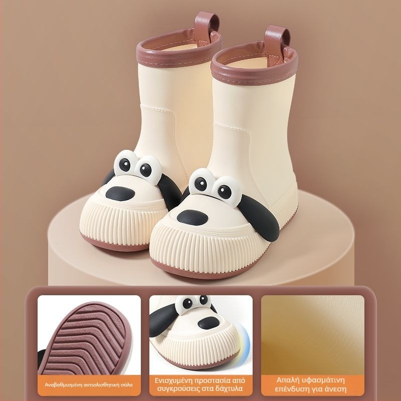 Παιδικές γαλότσες βροχής με μοτίβο σκύλου με μεγάλα μάτια, αδιάβροχη επάνω από PVC, επένδυση φλίς, μεσαίου ύψους σωλήνας, για όλες τις εποχές