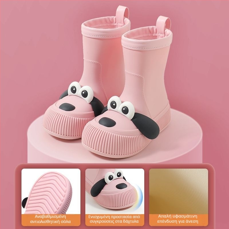 Παιδικές γαλότσες βροχής με μοτίβο σκύλου με μεγάλα μάτια, αδιάβροχη επάνω από PVC, επένδυση φλίς, μεσαίου ύψους σωλήνας, για όλες τις εποχές