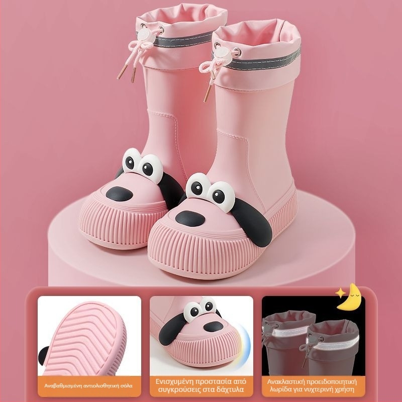 Παιδικές γαλότσες βροχής με μοτίβο σκύλου με μεγάλα μάτια, αδιάβροχη επάνω από PVC, επένδυση φλίς, μεσαίου ύψους σωλήνας, για όλες τις εποχές
