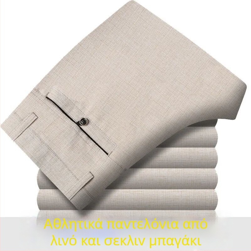 Ανδρικά casual παντελόνια καλοκαιριού από βαμβάκι-λινό, ελαφριά, ψηλή μέση, ίσια γραμμή, φερμουάρ, διαπνοή