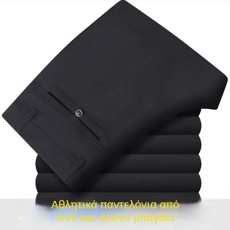 Ανδρικά casual παντελόνια καλοκαιριού από βαμβάκι-λινό, ελαφριά, ψηλή μέση, ίσια γραμμή, φερμουάρ, διαπνοή