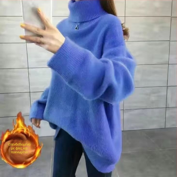 Πλεκτό πουλόβερ με ψηλό γιακά, χαλαρή γραμμή, μεσαίου μήκους, υφή ψεύτικης γούνας μίνκ, ανάμειξη μαλλιού αρνιού και μεταξιού-πάγου (Άνοιξη 2025)