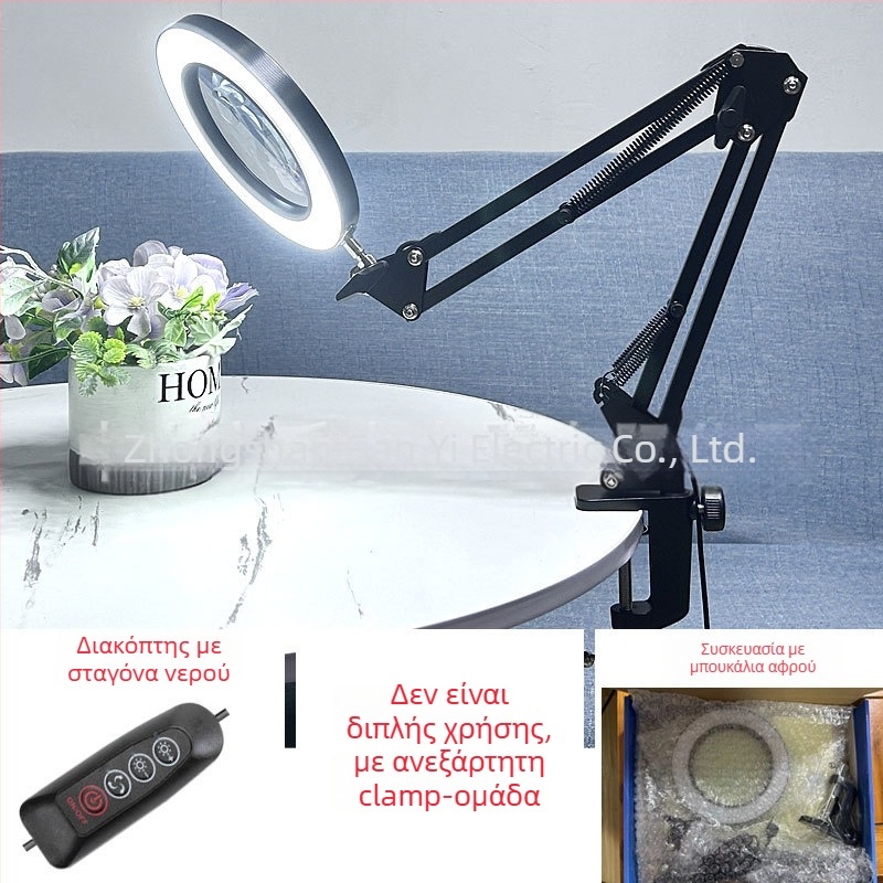 Λαμπά LED γραφείου με μακρύ βραχίονα και πτυσσόμενο μεγεθυντικό φακό – φως ανάγνωσης φιλικό στα μάτια, USB τροφοδοσία 12W, μεταλλική σκιά, CE πιστοποιητικό
