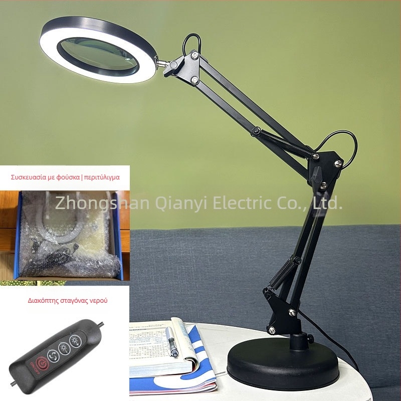 Λαμπά LED γραφείου με μακρύ βραχίονα και πτυσσόμενο μεγεθυντικό φακό – φως ανάγνωσης φιλικό στα μάτια, USB τροφοδοσία 12W, μεταλλική σκιά, CE πιστοποιητικό