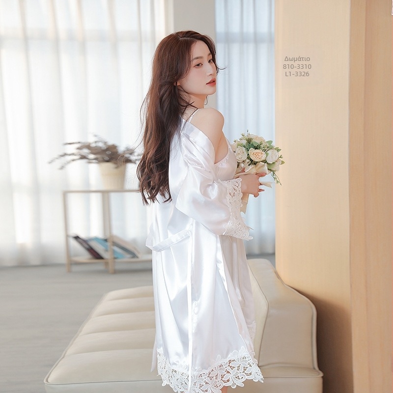 Δαντελένιες νύφης πιτζάμες με καρντάγαν γαλλικού στυλ, πολυεστέρας 95% (εικονική μεταξωτή ύφανση), λεπτή ύφανση, μανίκια 3/4, χωρίς γιακά