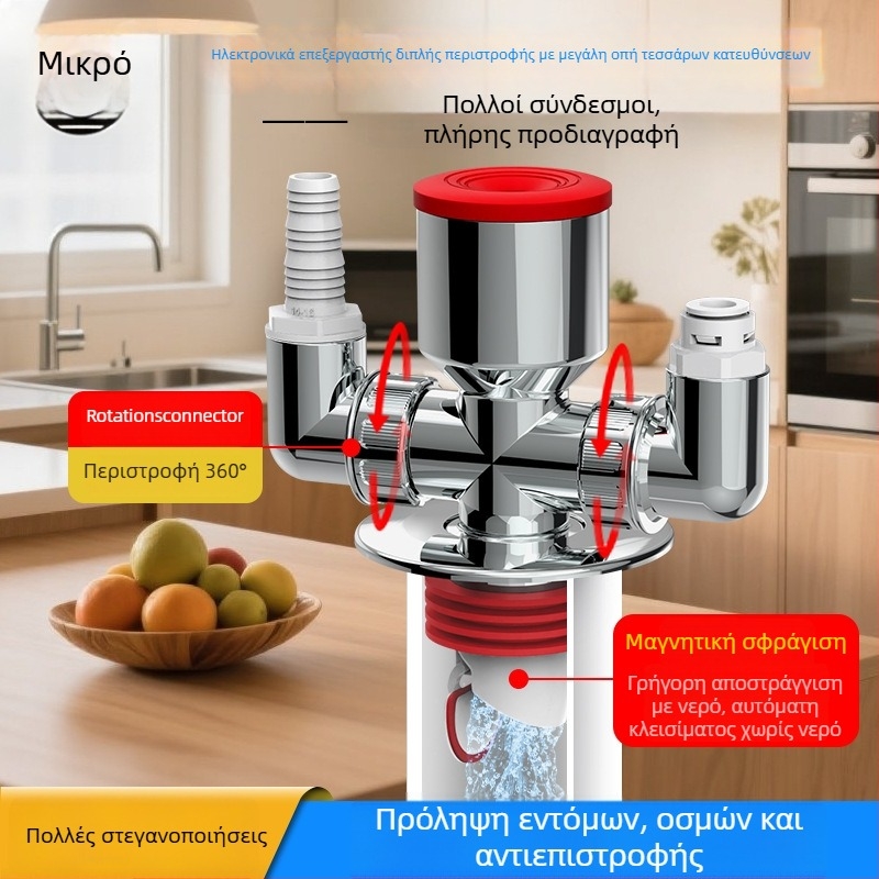 Διακλαδωτής αποχέτευσης πλυντηρίου τριών εξόδων από ABS, 20 mm παράκαμψη, 60 mm στεγανοποίηση νερού, -20–90 °C, εγκατάσταση με χειροκίνητη πίεση