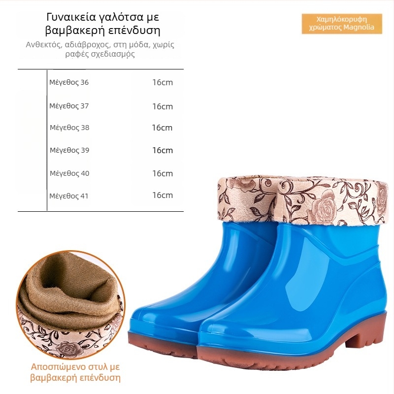 Γυναικείες PVC γαλότσες βροχής – χαμηλός σωλήνας, χαμηλή φτέρνα 1–3 cm, όλο το χρόνο, καθημερινό στυλ.
