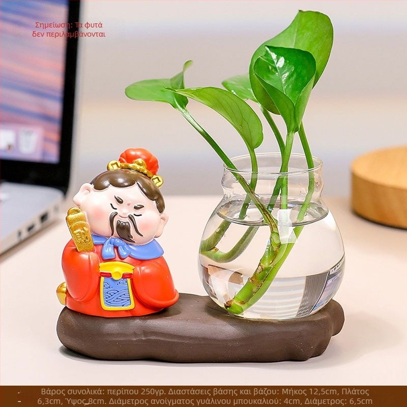 Γλυπτό γραφείου από ρητίνη: Zhong Kui με υδροπονική γλάστρα και τους Πέντε Θεούς του Πλούτου