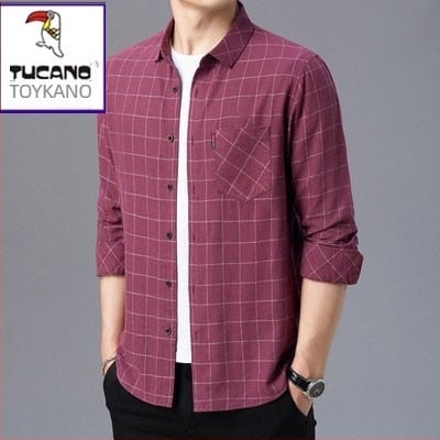 Ανδρικό πουκάμισο από λινό 96%+, καρό ύφασμα, μακρυμάνικο, χαλαρή γραμμή