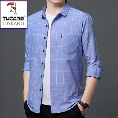 Ανδρικό πουκάμισο από λινό 96%+, καρό ύφασμα, μακρυμάνικο, χαλαρή γραμμή