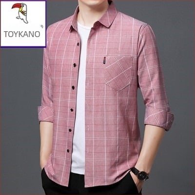 Ανδρικό πουκάμισο από λινό 96%+, καρό ύφασμα, μακρυμάνικο, χαλαρή γραμμή