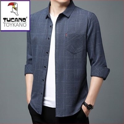 Ανδρικό πουκάμισο από λινό 96%+, καρό ύφασμα, μακρυμάνικο, χαλαρή γραμμή