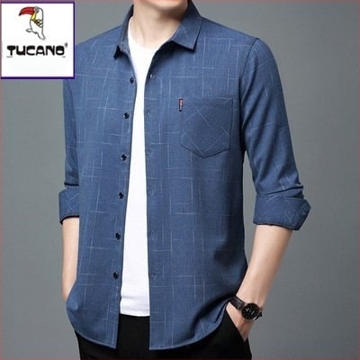 Ανδρικό πουκάμισο από λινό 96%+, καρό ύφασμα, μακρυμάνικο, χαλαρή γραμμή