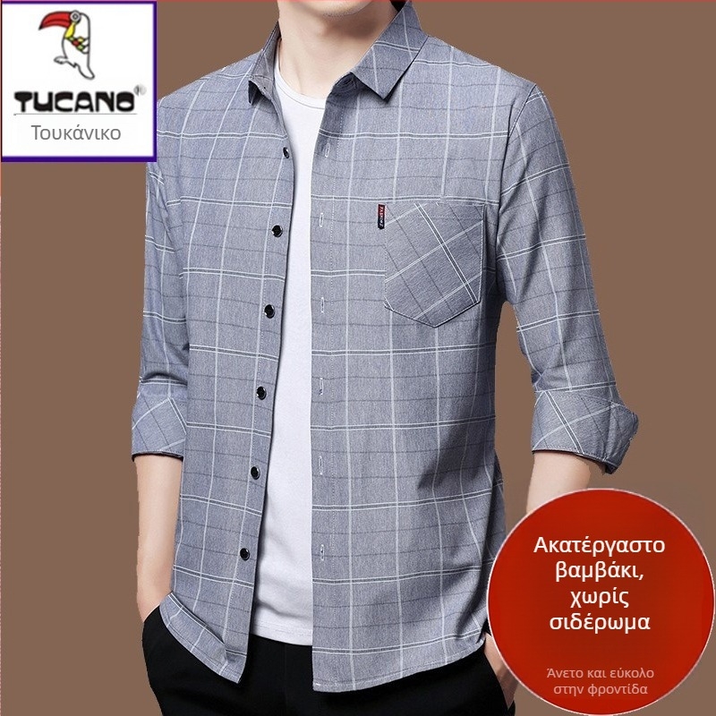 Ανδρικό πουκάμισο από λινό 96%+, καρό ύφασμα, μακρυμάνικο, χαλαρή γραμμή