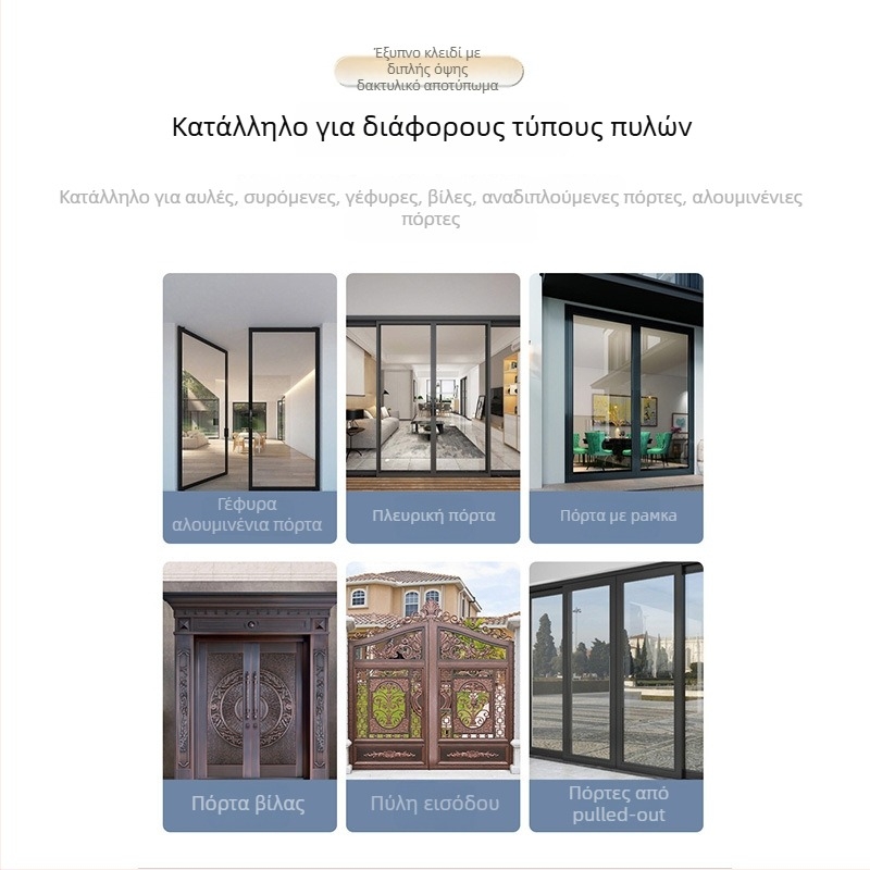 Έξυπνο κλείδωμα πόρτας για πόρτες κράματος αλουμινίου με διπλής όψης ανάγνωση δακτυλικού αποτυπώματος, κωδικό πρόσβασης και κάρτα – αδιάβροχο, λεπτό πλαίσιο. Αποθηκεύει έως 100 δακτυλικά αποτυπώματα, άνω των 100.000 ανοίξεων, σάρωση <0,05 s.