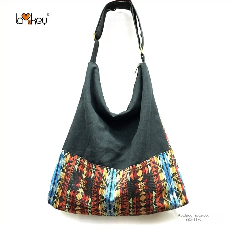 Γυναικεία τσάντα ώμου σε εθνικό στυλ από βαμβακετό ύφασμα, ριγέ σχέδιο, φερμουάρ, επένδυση από βαμβάκι