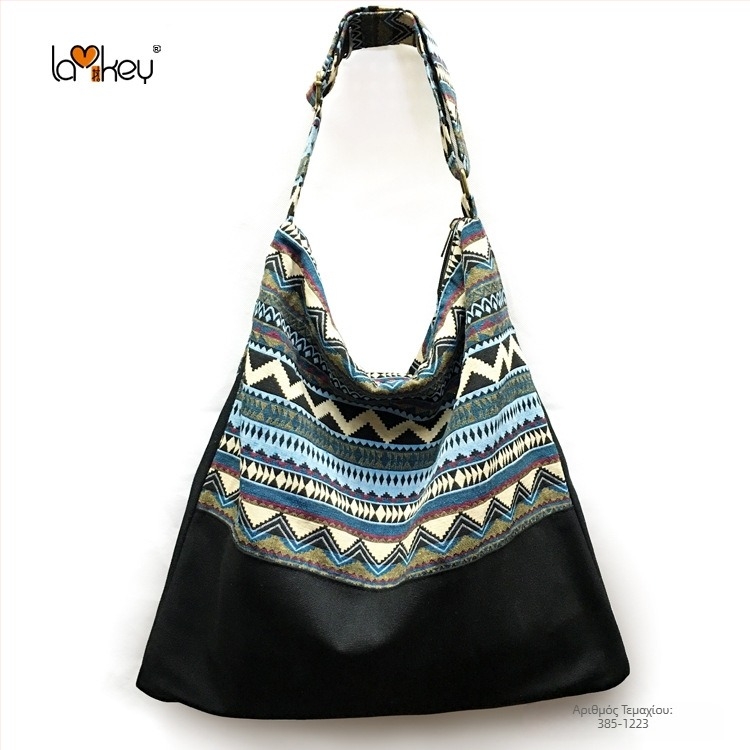 Γυναικεία τσάντα ώμου σε εθνικό στυλ από βαμβακετό ύφασμα, ριγέ σχέδιο, φερμουάρ, επένδυση από βαμβάκι