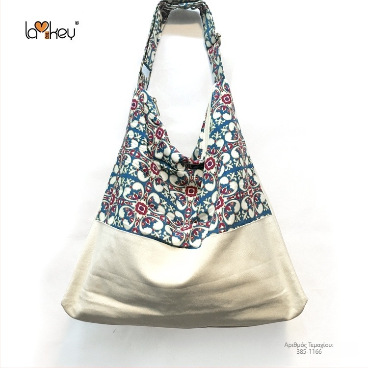 Γυναικεία τσάντα ώμου σε εθνικό στυλ από βαμβακετό ύφασμα, ριγέ σχέδιο, φερμουάρ, επένδυση από βαμβάκι