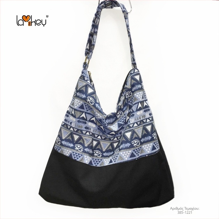 Γυναικεία τσάντα ώμου σε εθνικό στυλ από βαμβακετό ύφασμα, ριγέ σχέδιο, φερμουάρ, επένδυση από βαμβάκι