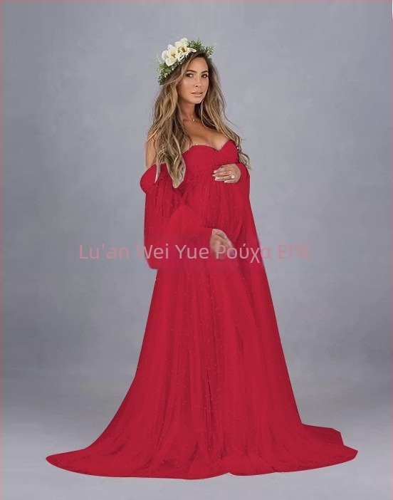 Φόρεμα με ένα ώμο από δίχτυ Patchwork, εγκυμοσύνης, μακρύ Α-γραμμή, φουσκωτές μανίκες