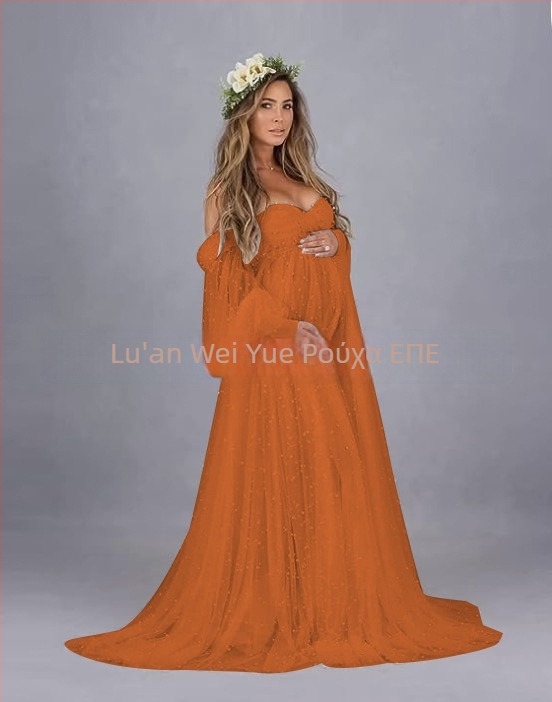 Φόρεμα με ένα ώμο από δίχτυ Patchwork, εγκυμοσύνης, μακρύ Α-γραμμή, φουσκωτές μανίκες