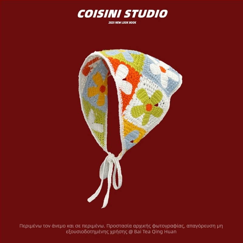 Πλεκτή στέκα μαλλιών με λουλούδι και καρό μοτίβο, στυλ τριγωνικού φουλαριού, άνοιξη 2025