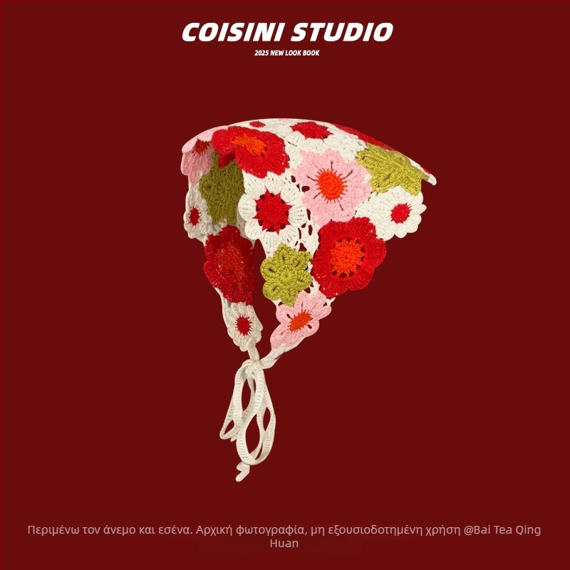 Πλεκτή στέκα μαλλιών με λουλούδι και καρό μοτίβο, στυλ τριγωνικού φουλαριού, άνοιξη 2025