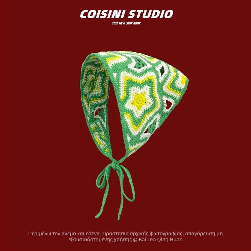 Πλεκτή στέκα μαλλιών με λουλούδι και καρό μοτίβο, στυλ τριγωνικού φουλαριού, άνοιξη 2025